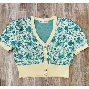 Zara Crop Tapestry Womens Cardigan Sweater Rhinestone Buttons Sz Med